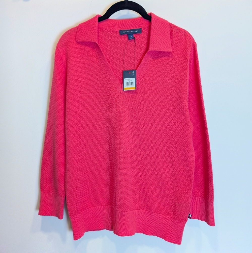 Tommy Hilfiger Hot Pink Johnny Collar Knit Sweater 3/4 Sleeves Size Small - Picture 1 of 5